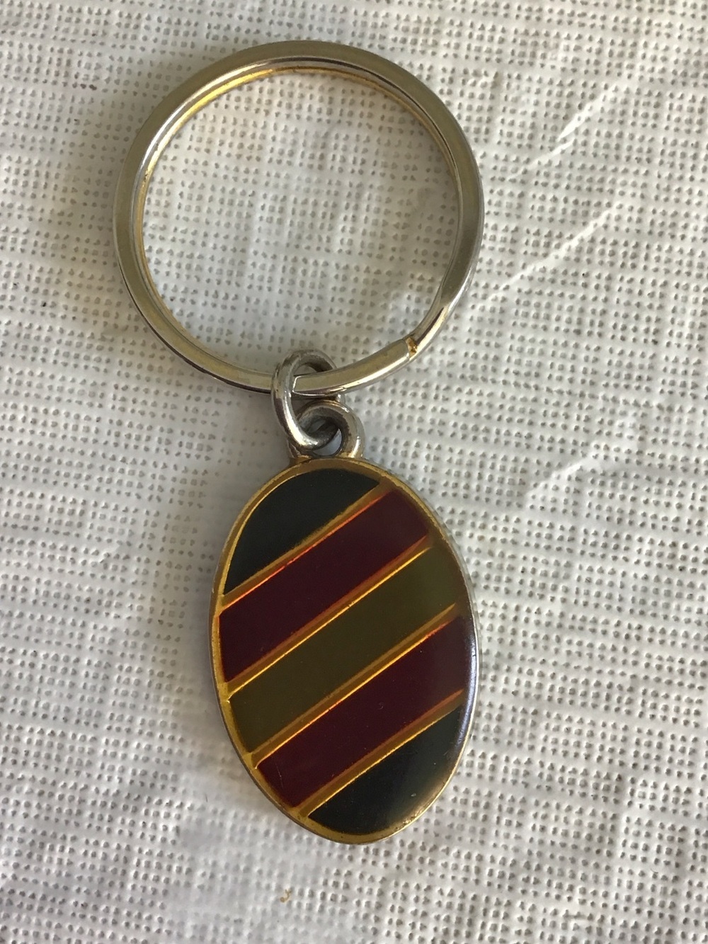 Oval Enamel Keychain with Burgundy and Olive Stripes